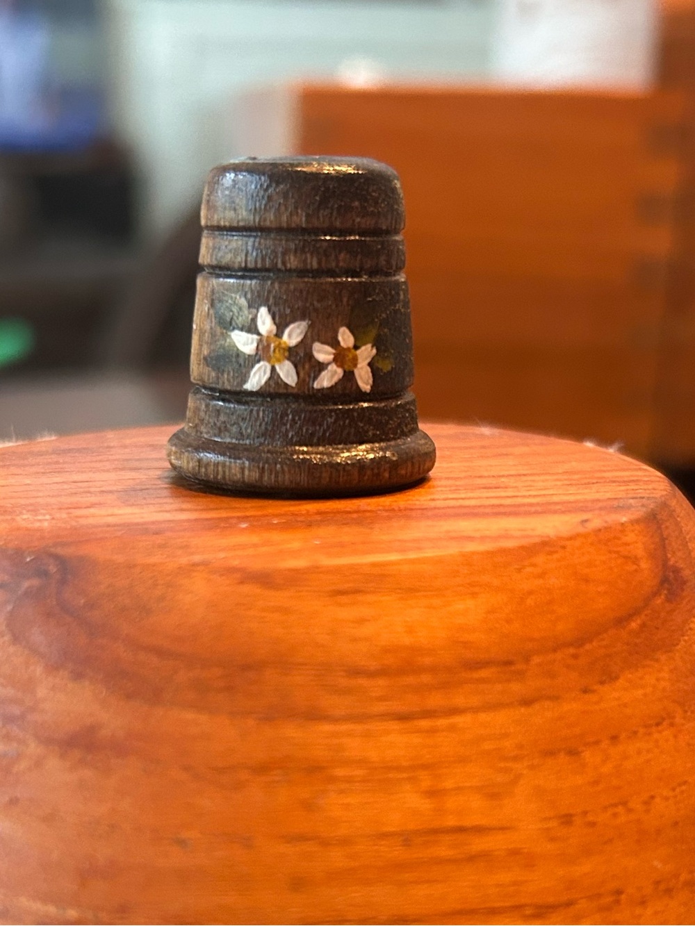 Hand-Painted Wooden Thimble with Floral Accent - Brown